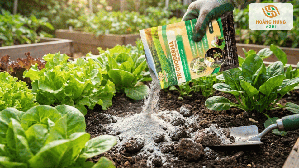 Bón Trichoderma trực tiếp lên luống rau giúp đất tơi xốp và hạn chế nấm bệnh trong đất.