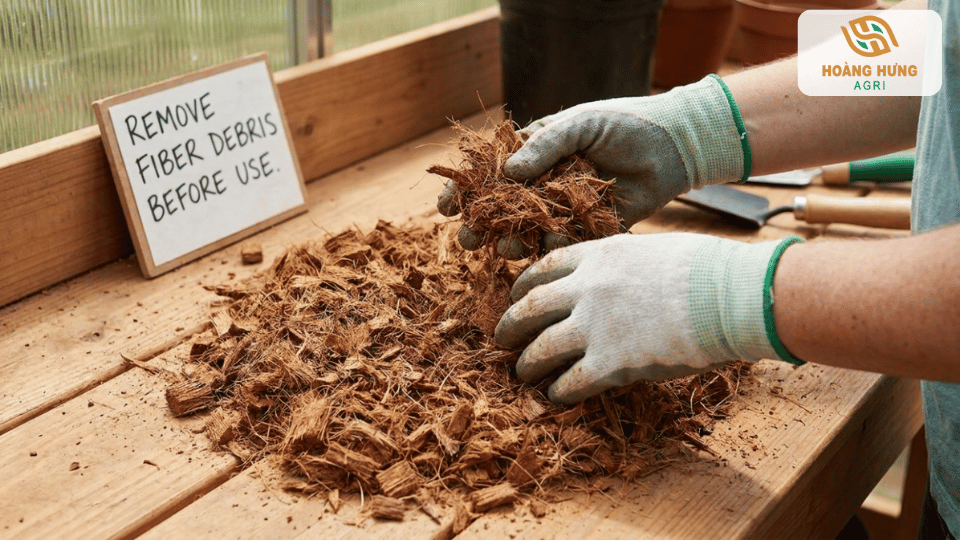 Chuẩn bị xơ dừa sạch trước khi xử lý bằng nấm Trichoderma”