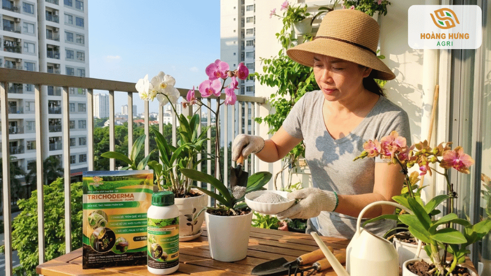 Người làm vườn sử dụng Trichoderma cho chậu lan tại ban công giúp cây phát triển ổn định.