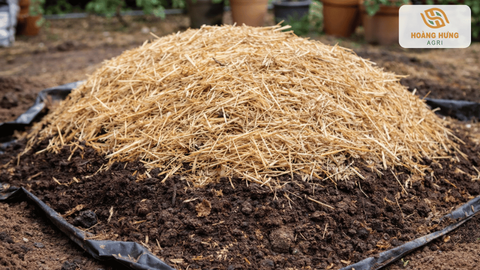 Rơm rạ và vật liệu hữu cơ dùng để ủ compost với Trichoderma