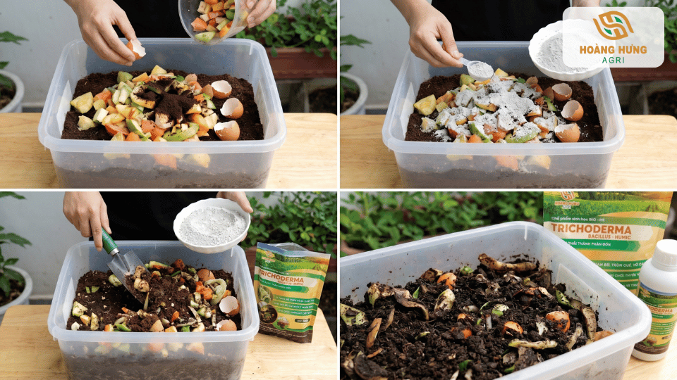 Hướng dẫn trộn rác hữu cơ với Trichoderma trong thùng nhựa để tạo phân compost tại nhà.