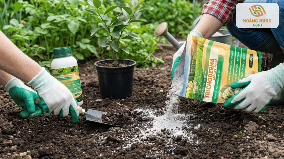 Bón Trichoderma quanh gốc cây non giúp cải tạo đất và bảo vệ bộ rễ khỏi nấm hại.