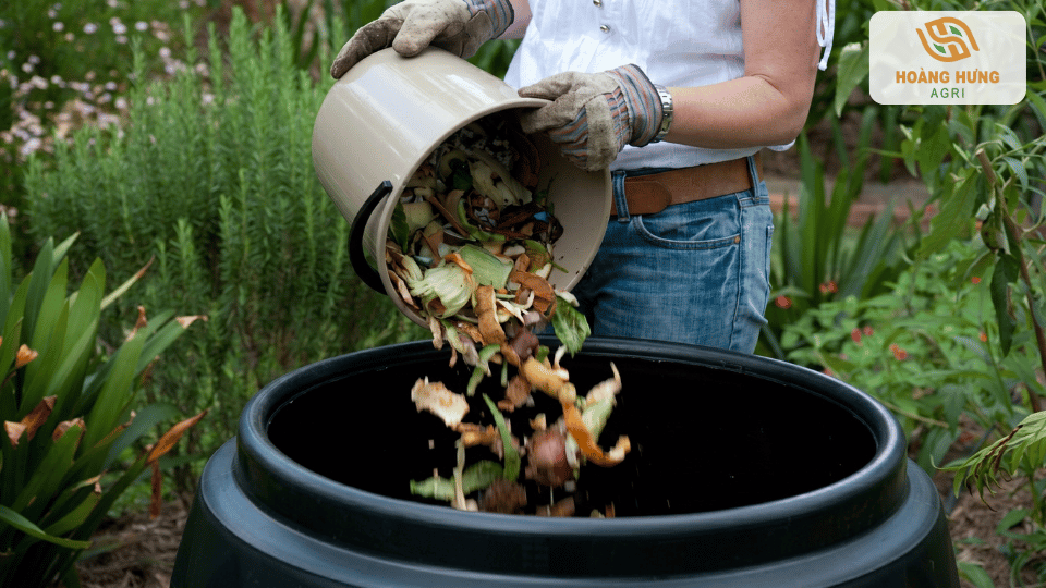 Ủ rác hữu cơ nhà bếp trong thùng compost để làm phân bón hữu cơ tự nhiên