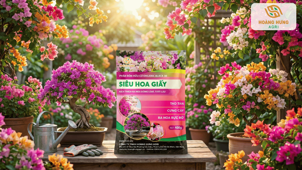 Phân bón hữu cơ siêu hoa giấy giúp kích thích cây ra hoa đồng loạt và bền màu.