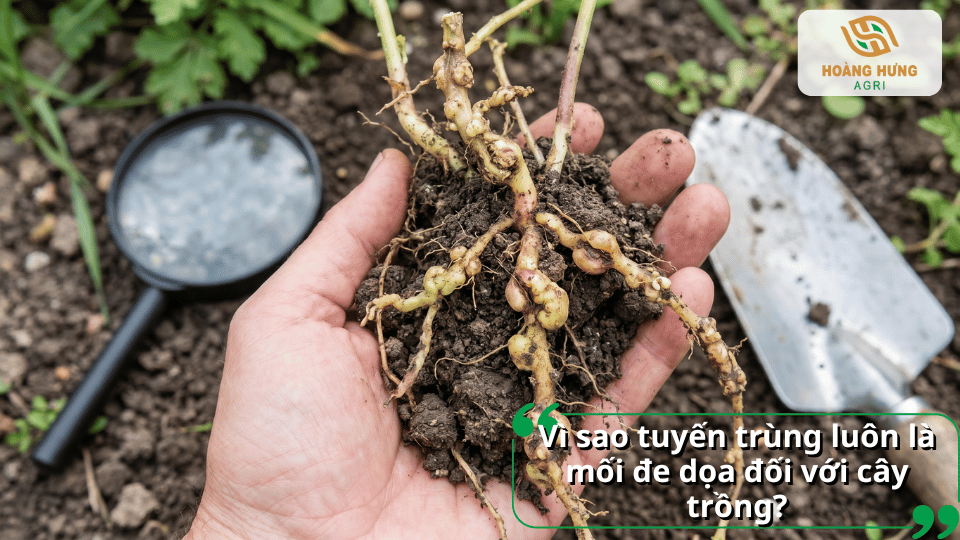 Rễ cây bị tuyến trùng tấn công xuất hiện nhiều u sần, khiến cây còi cọc và sinh trưởng kém.