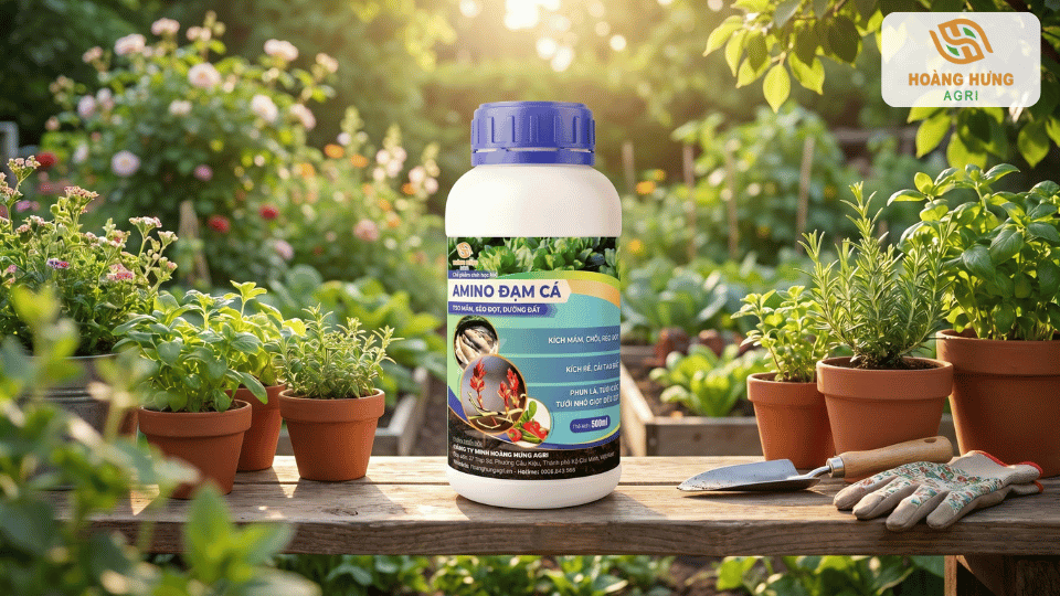 Sản phẩm amino đạm cá hữu cơ dùng cho rau màu, hoa kiểng và cây ăn trái.