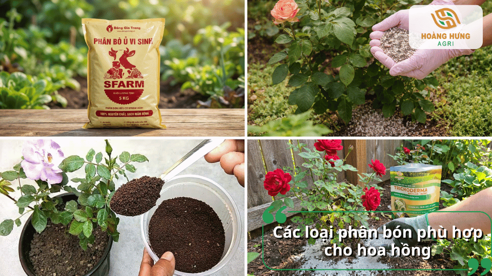 Các loại phân bón phù hợp cho hoa hồng gồm phân hữu cơ, phân vi sinh, phân hữu cơ khoáng và chế phẩm Trichoderma giúp cải tạo đất.