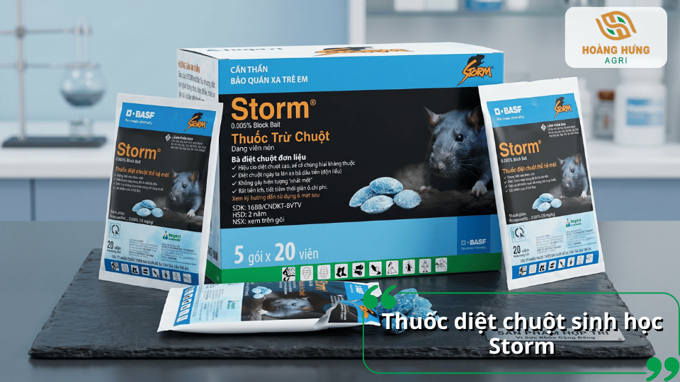 Thuốc diệt chuột Storm dạng viên mồi hấp dẫn giúp tiêu diệt chuột nhanh chóng, phù hợp sử dụng trong nhà ở, kho bãi và trang trại.