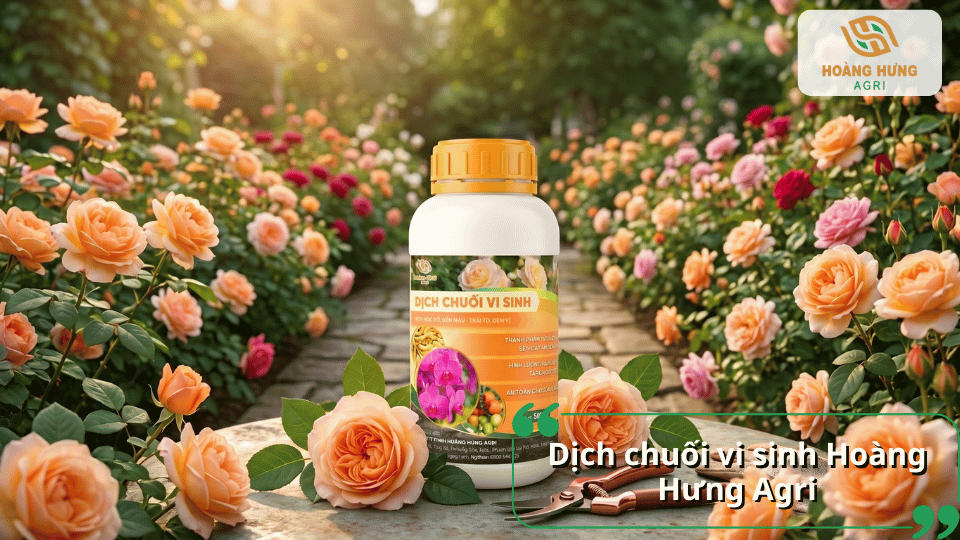 Dịch chuối vi sinh Hoàng Hưng Agri giàu kali và vi sinh vật có lợi giúp hoa hồng ra nhiều nụ, hoa to và bền màu.