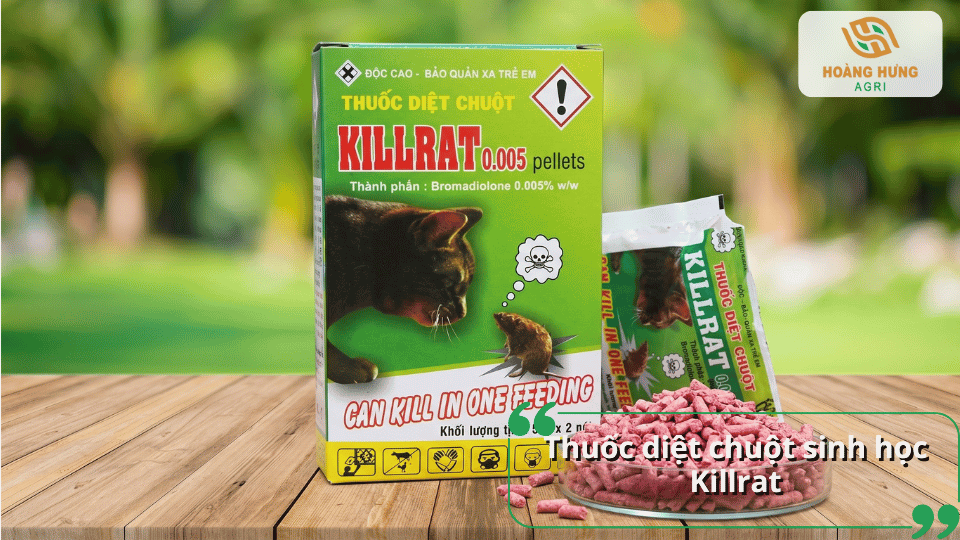 Thuốc diệt chuột Killrat dạng viên mồi chứa hoạt chất diệt chuột hiệu quả, thích hợp kiểm soát chuột tại gia đình và khu vực sản xuất.