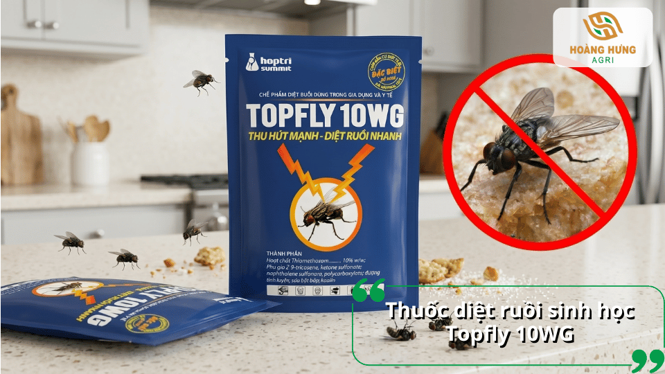 Thuốc diệt ruồi Topfly 10WG dạng bả thu hút ruồi mạnh, giúp tiêu diệt ruồi nhanh và giảm mật độ ruồi trong khu vực sử dụng.