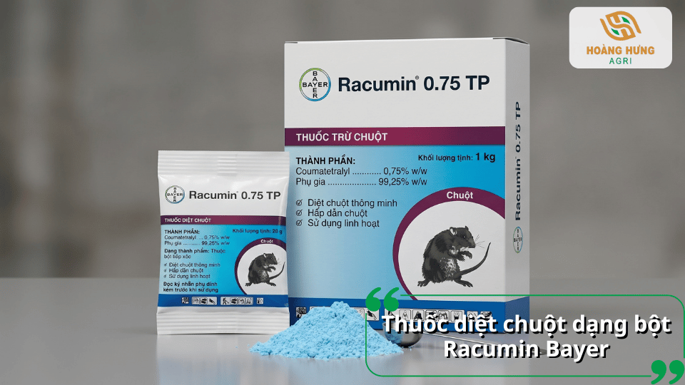 Thuốc diệt chuột Racumin Bayer dạng bột giúp kiểm soát chuột hiệu quả, dễ pha trộn với mồi và phù hợp nhiều môi trường sử dụng.