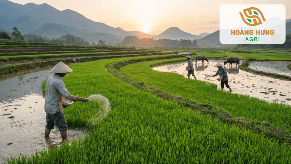 Nông dân bón phân cho lúa trên ruộng bậc thang nhằm thúc đẩy sinh trưởng và phát triển bông lúa.