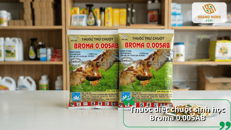 Thuốc diệt chuột Broma 0.005AB dạng mồi giúp tiêu diệt chuột hiệu quả, sử dụng phổ biến trong gia đình, kho hàng và trang trại.