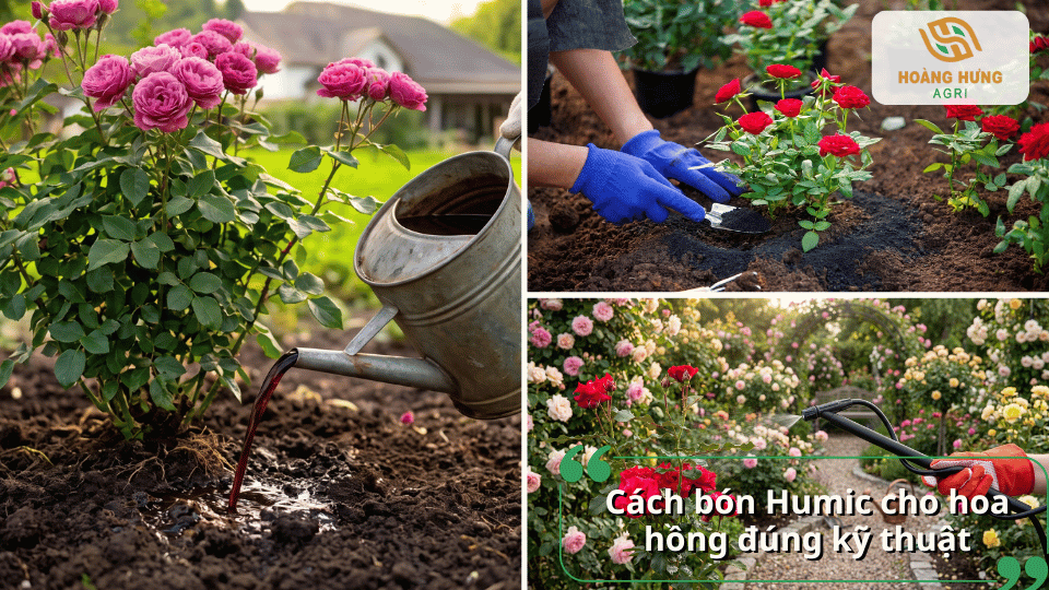 Hướng dẫn bón Humic cho hoa hồng đúng kỹ thuật bằng cách bón gốc, tưới nước và phun qua lá.