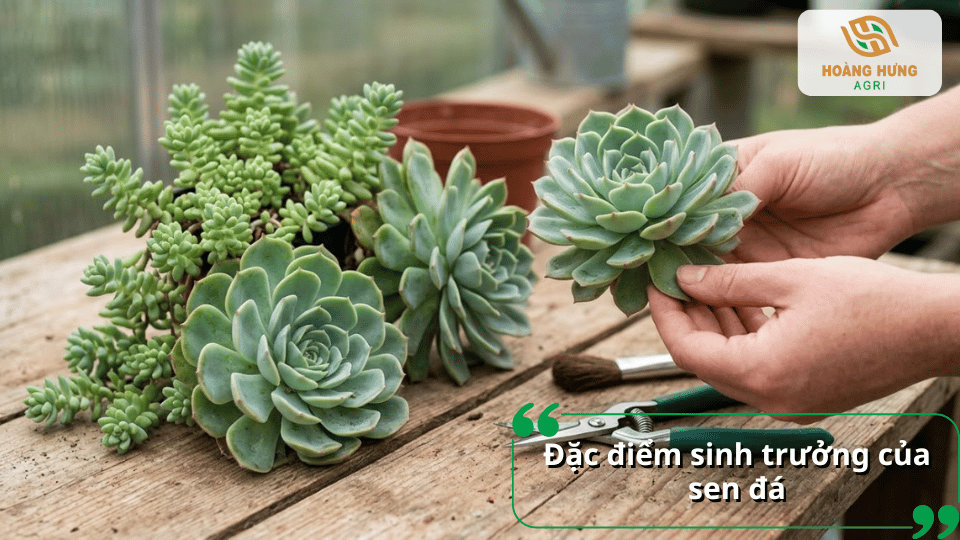 Đặc điểm sinh trưởng của sen đá với nhiều hình dáng, kích thước và màu sắc đa dạng.