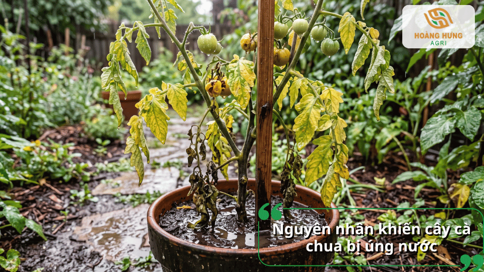 Cây cà chua trong chậu bị úng nước, lá vàng héo và đất quanh gốc đọng nước.