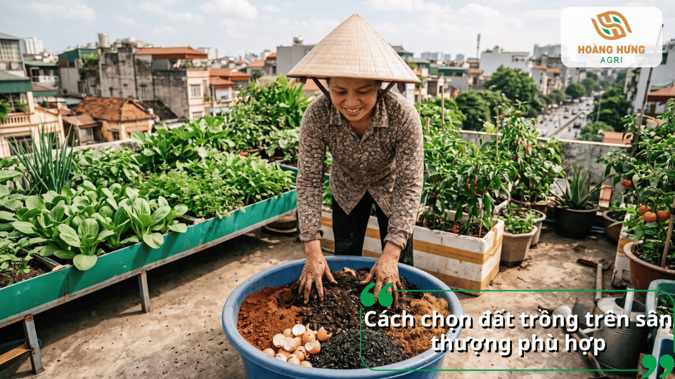 Người làm vườn phối trộn đất và các vật liệu hữu cơ để chuẩn bị giá thể trồng cây trên sân thượng.