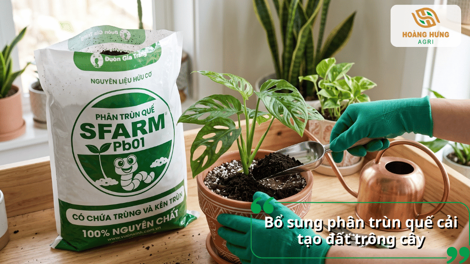 Bổ sung phân trùn quế vào đất trồng cây giúp tăng hữu cơ, cải thiện độ tơi xốp và cung cấp dinh dưỡng cho cây.