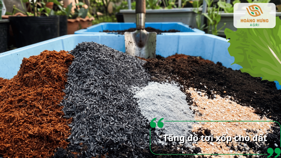Các loại vật liệu hữu cơ như mùn, trấu và đất hữu cơ được phối trộn để tăng độ tơi xốp và cải thiện đất trồng rau.
