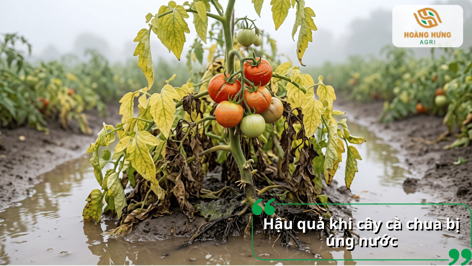 Cây cà chua bị úng nước với lá vàng, khô héo và nhiều quả đang phát triển.