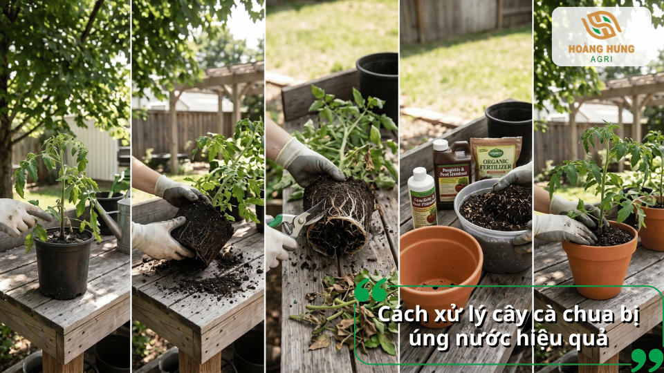 Các bước xử lý cây cà chua bị úng nước gồm cắt rễ hư, thay đất và trồng lại.