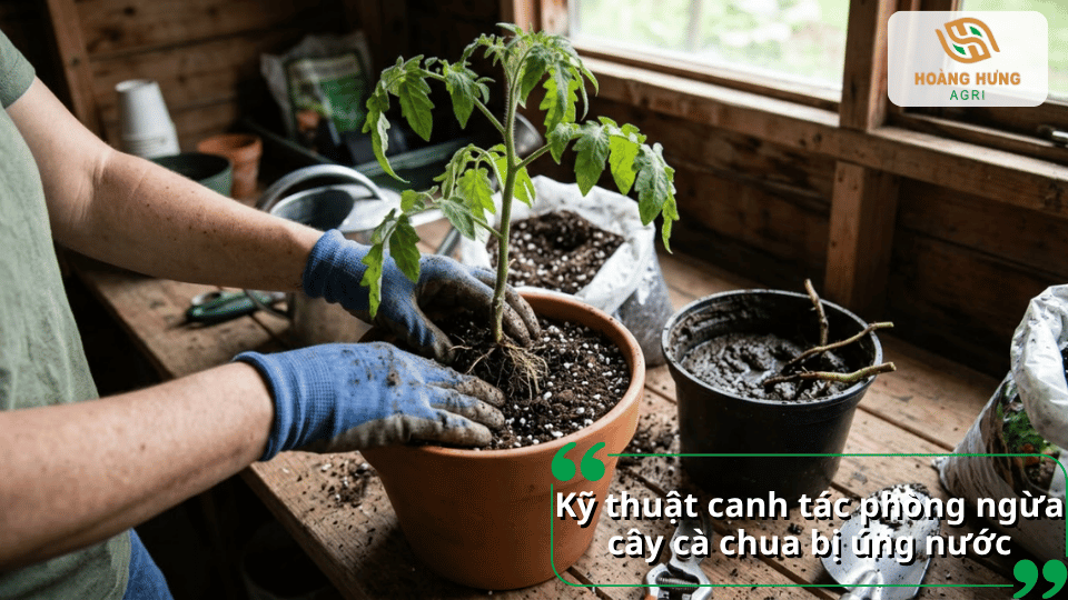 Người làm vườn trồng lại cây cà chua vào chậu với giá thể mới để phòng úng nước.