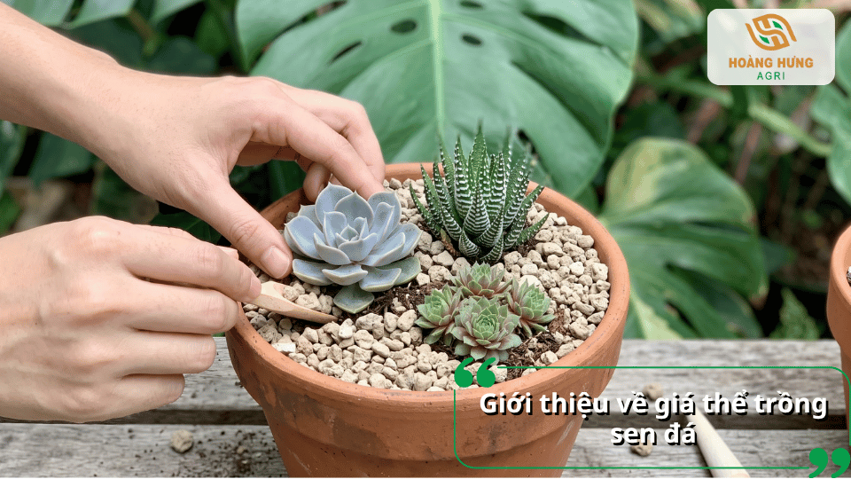 Giới thiệu về giá thể trồng sen đá với hình ảnh nhiều chậu sen đá được trồng trên nền giá thể hạt khoáng thông thoáng.