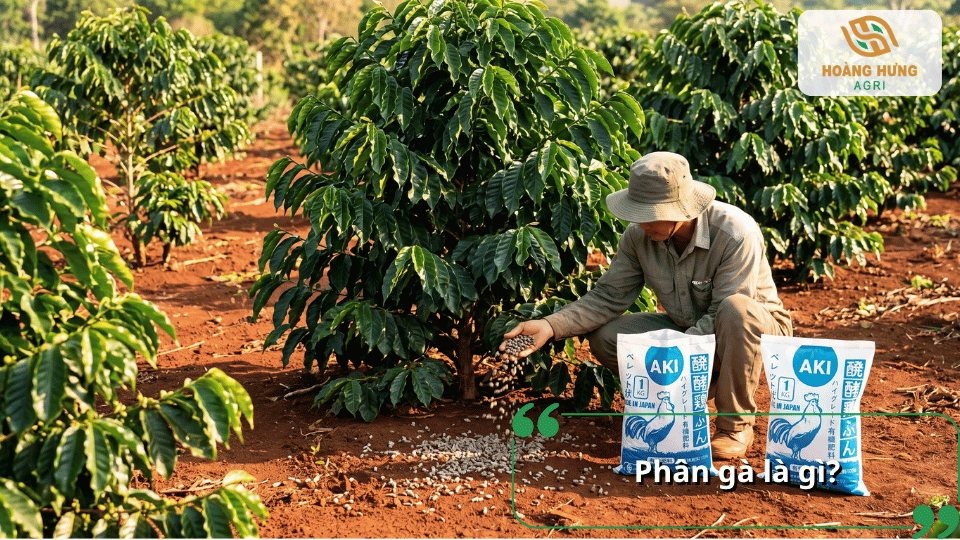 Phân gà dạng viên được rải quanh gốc cây cà phê trong vườn, minh họa cách sử dụng phân gà cho cây.