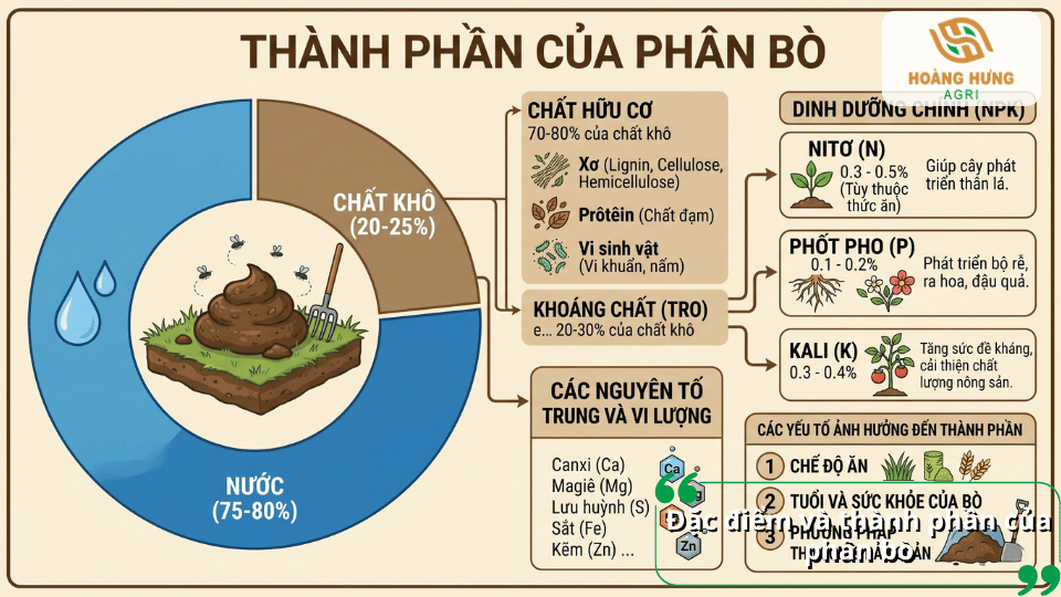 Đặc điểm và thành phần của phân bò gồm chất hữu cơ, khoáng chất và các dưỡng chất cần thiết cho cây.