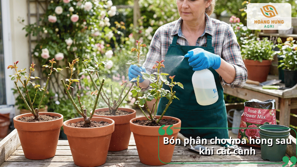 Bón phân cho hoa hồng sau khi cắt cành với hình ảnh chăm sóc những chậu hoa hồng vừa được cắt tỉa